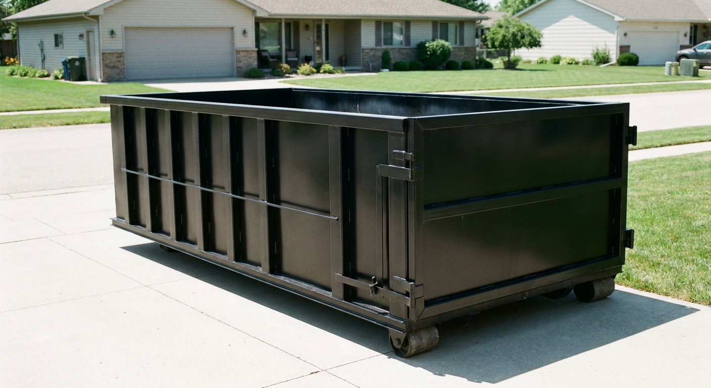 Matte-black 10-yard roll-off dumpster on a residential concrete driveway in New Albany, uniformly painted matte black across every panel and rail, ribbed steel sidewalls and rear swing door visible, mid-day daylight.