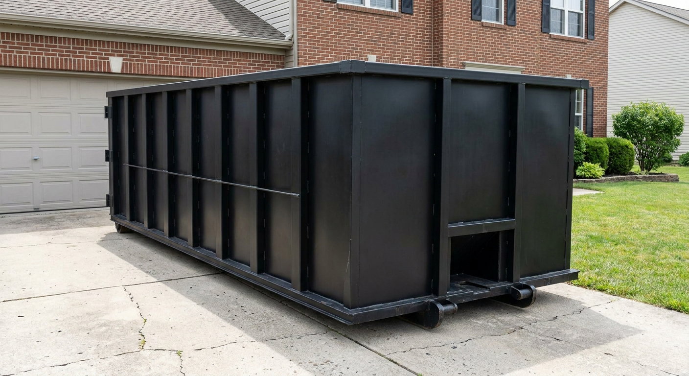 Matte-black 20-yard roll-off container on a New Albany residential concrete driveway with reinforced ribbed steel sidewalls and a hinged rear walk-in door, clean bright daylight.