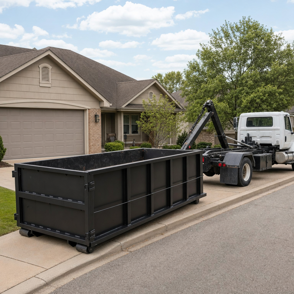 Wide documentary shot of a matte-black roll-off dumpster on a New Albany residential driveway in the foreground and a contractor jobsite container in the soft-focus background, bright daylight, calm and orderly composition.